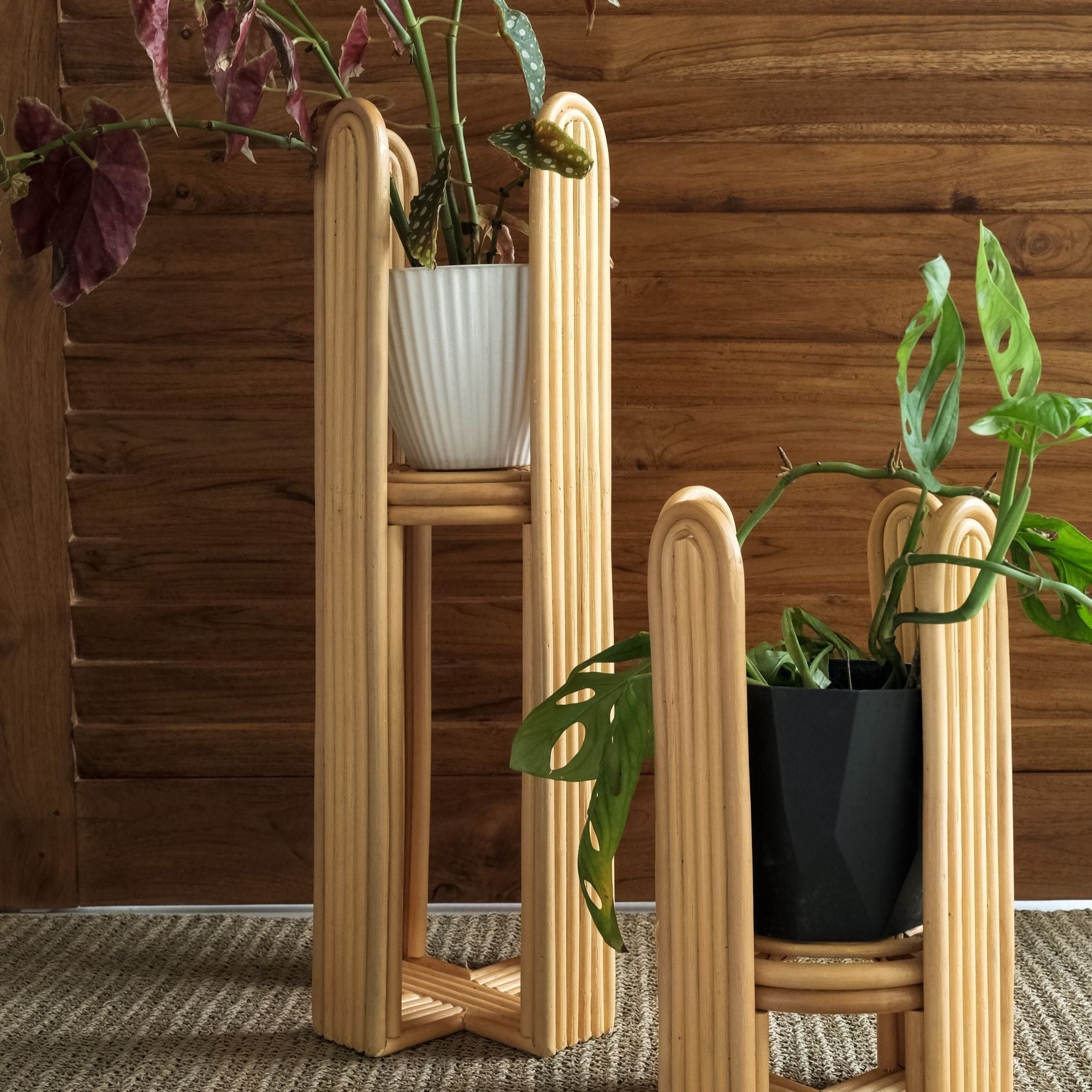 mid century modern plant stand indoor Raya High Mid Century Rattan Planter Stand – Sawah Botanical