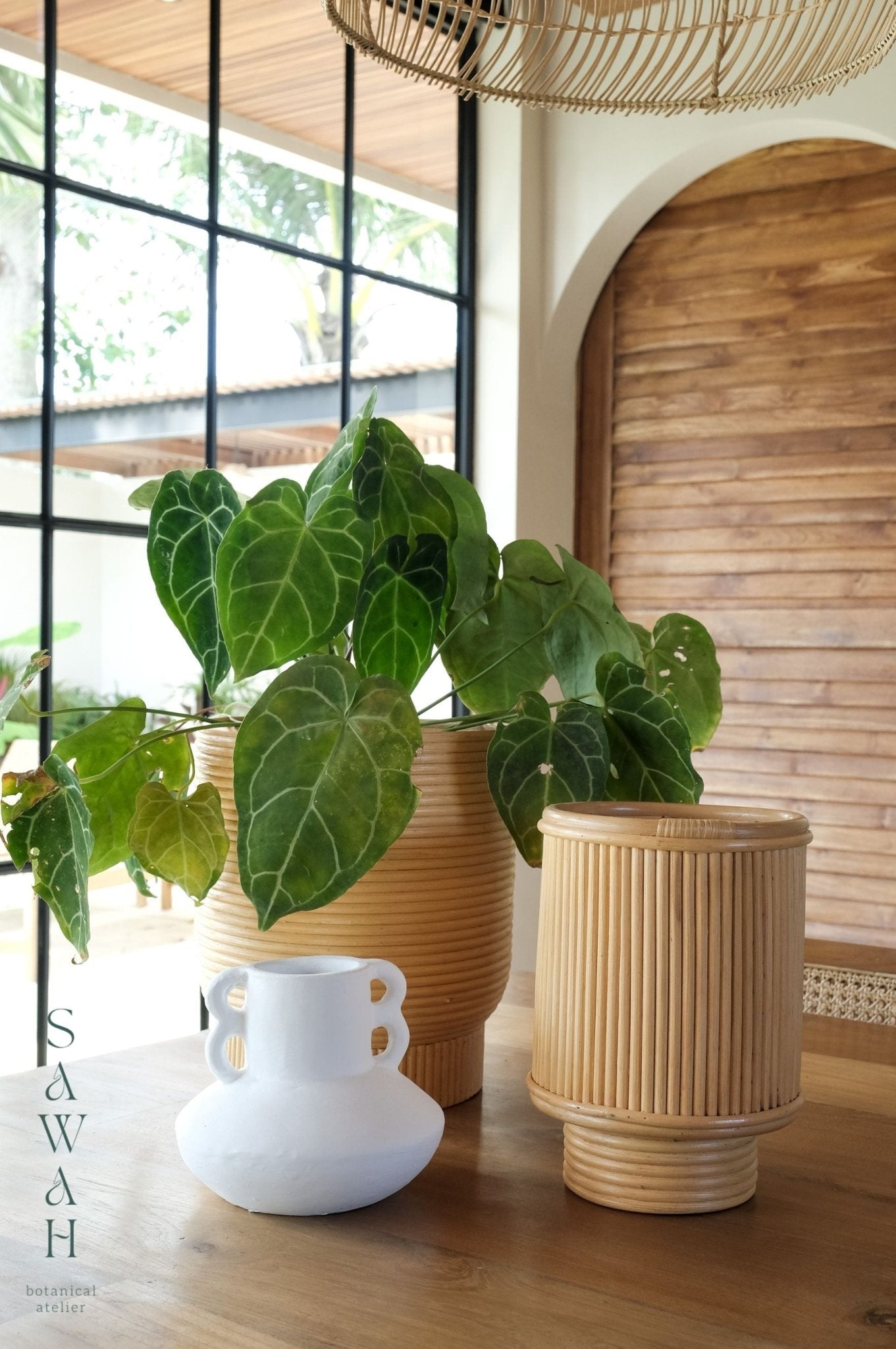 Kasih Mid Century Low Rattan Cane Planter - Lustere Living
