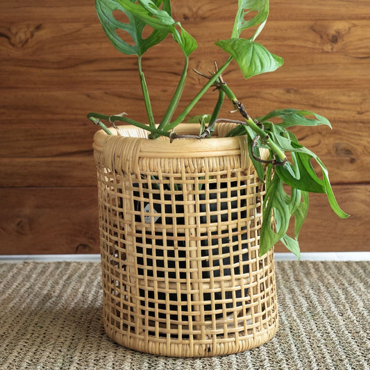 Maya Small Cane Woven Round Rattan Planter Basket - Lustere Living
