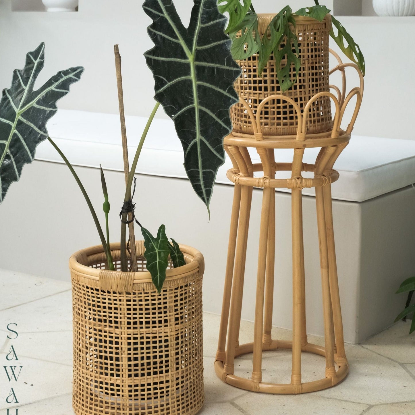 Shanti Low Wicker Rattan Boho Flower Planter Stand - Lustere Living