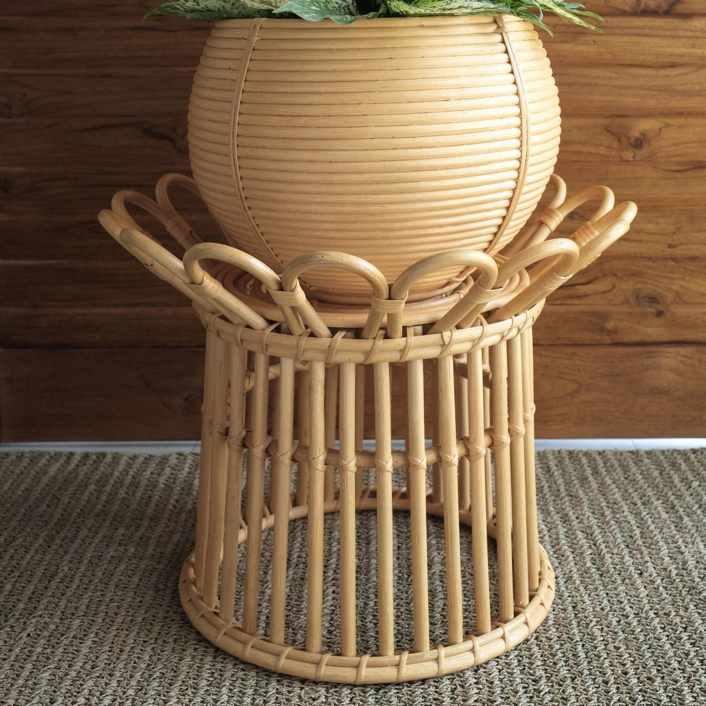 Shanti Low Wicker Rattan Boho Flower Planter Stand - Lustere Living